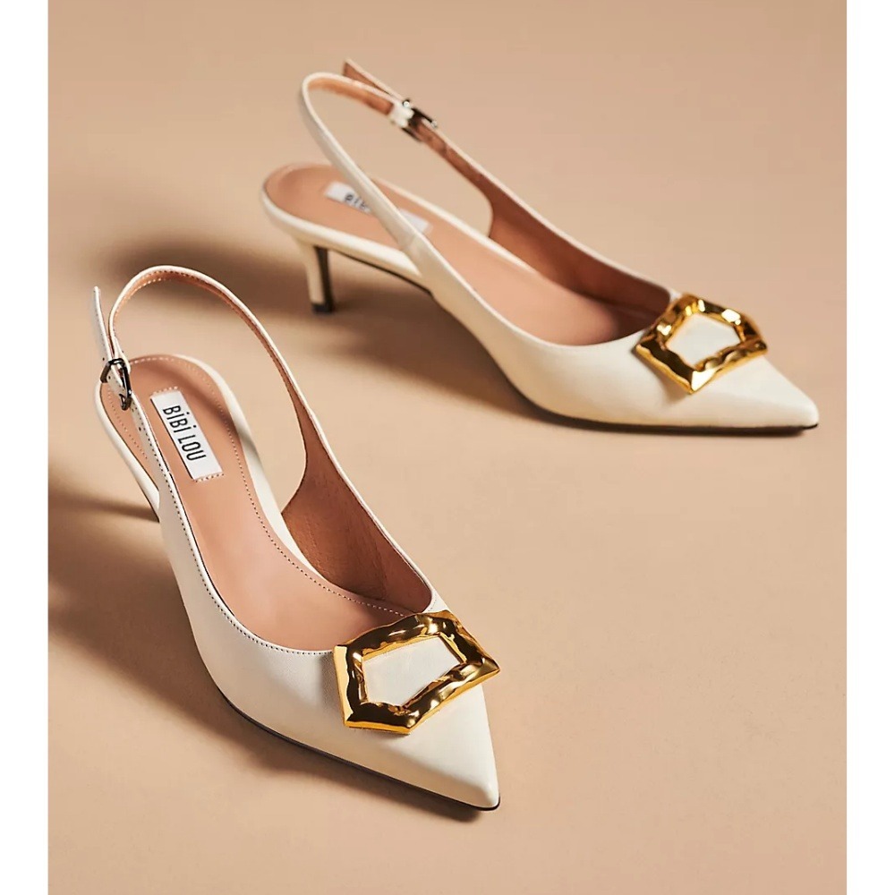 Anthropologie Bibi Lou Barr Kitten Heels 38 7 Cream Leather Pointed Toe